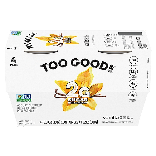 Two Good Vanilla Greek Lowfat Yogurt, 5.3 oz, 4 count
Brighten your day with a cup of Two Good Vanilla Greek Lowfat Yogurt. It's a smooth, creamy yogurt packed with vanilla flavor. Every 5.3 oz serving is an irresistible delight with 80 calories, 2g of total sugar, and 12g of protein. Even better, it's conveniently packaged in single-serve cups for easy, on-the-go enjoyment. 

*Two Good has 80% less sugar (2g per 5.3 oz) than average Greek yogurt (10g per 5.3 oz)
**Not a medical food.
Two Good is many things, but it's not two good to be true. Our deliciously creamy Greek yogurt is made with a patent-pending, slow-straining process that leaves it with 80% less sugar than average Greek yogurts.* As a part of the B Corp community, we're committed to doing more with less and creating products that are both good for your taste buds and good for the planet. Doing good is about to become a whole lot more delicious.