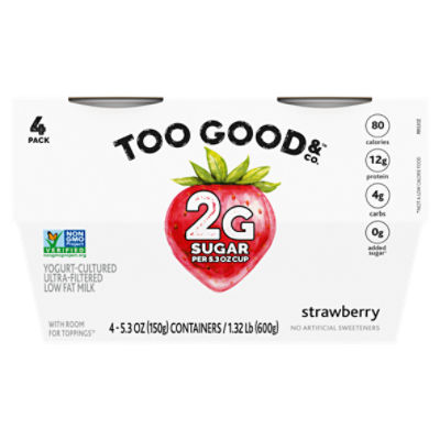 Too Good & Co. Strawberry Flavored Lower Sugar, Low Fat Greek Yogurt Cultured Product, 4 Count, 5.3 ounce Cups