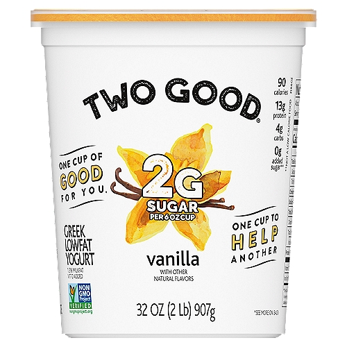 Two Good Vanilla Greek Lowfat Yogurt, 32 oz
Brighten your day with Two Good Vanilla Greek Lowfat Yogurt. It's a smooth, creamy yogurt packed with vanilla flavor. Every 6 oz serving is an irresistible delight with 90 calories, 2g of total sugar, and 13g of protein. And with an entire quart, there's plenty of yogurt goodness to go around. 

Two Good is many things, but it's not two good to be true. Our deliciously creamy Greek yogurt is made with a patent-pending, slow-straining process that leaves it with 80% less sugar than average Greek yogurts.* As a part of the B Corp community, we're committed to doing more with less and creating products that are both good for your taste buds and good for the planet. Doing good is about to become a whole lot more delicious.
*Two Good has 80% less sugar (2g per 6 oz) than average Greek yogurt (12g per 6 oz)
**Not a medical food.