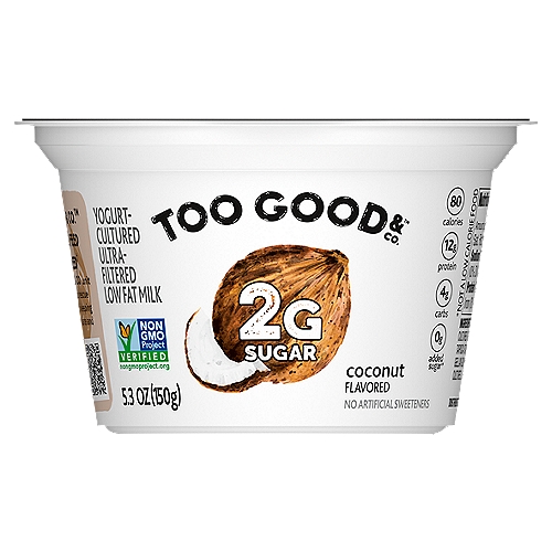 Too Good & Co. Coconut Flavored Lower Sugar, Low Fat Greek Yogurt Cultured Product 5.3 ounce Cup