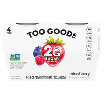 Too Good & Co. Mixed Berry Flavored Lower Sugar, Low Fat Greek Yogurt Cultured Product, 4 Count, 5.3 ounce Cups