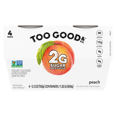 Too Good & Co. Peach Flavored Lower Sugar, Low Fat Greek Yogurt Cultured Product, 4 Count, 5.3 ounce Cups