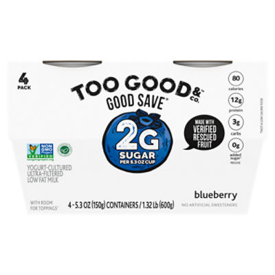 Too Good & Co. Blueberry Flavored Lower Sugar, Low Fat Greek Yogurt Cultured Product, 4 Count, 5.3 ounce Cups