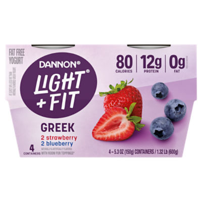 Dannon Light + Fit Strawberry and Blueberry Greek Nonfat Yogurt Pack, 4 Ct, 5.3 ounce Cups