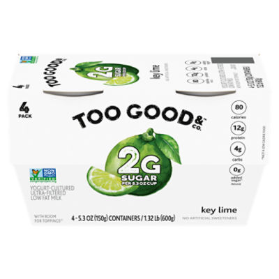 Too Good & Co. Key Lime Flavored Lower Sugar, Yogurt-Cultured Ultra-Filtered Low Fat Milk Product, 5.3 ounce Cup, 4 Count