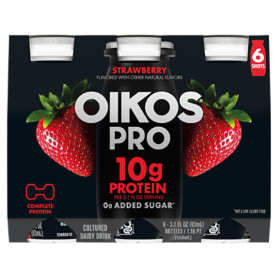 Oikos Pro Strawberry Dairy Drink, 10g of Protein, 0g Added Sugar, Convenient High Protein Snack, 6ct, 3.1 Fl Oz Bottle