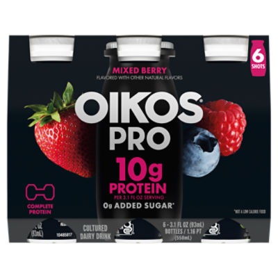 Oikos Pro Mixed Berry Dairy Drink, 10g of Protein, 0g Added Sugar, Convenient High Protein Snack, 6ct, 3.1 Fl Oz Bottle, 18.6 Fluid ounce