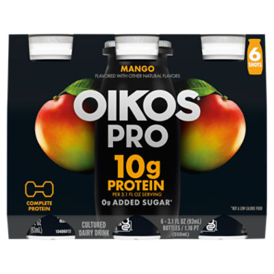 Oikos Pro Mango Dairy Drink, 10g of Protein, 0g Added Sugar, Convenient High Protein Snack, 6ct, 3.1 Fl Oz Bottle