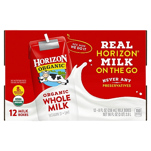 Horizon Organic Organic Whole Milk, 8 fl oz, 12 count
Take the organic goodness of Horizon milk on-the-go with Horizon Organic Whole Milk Boxes. Great as a lunchbox stuffer or snack, these single-serve milk boxes offer a wholesome alternative to juice boxes. Each organic milk box provides many nutrients, including vitamin A, vitamin D, and 8 grams of protein. And thanks to their special packaging, these shelf-stable milk boxes lock in delicious taste without refrigeration.
More than 20 years ago, we became the first company to supply organic milk nationwide—and we've remained committed to the organic movement ever since. Our USDA Certified Organic products are made with non-GMO ingredients, from cows that are given no antibiotics, no persistent pesticides, and no added hormones.* We strive to do good by our cows, too: they spend much of their time out in the pasture where they feel most at home, and graze on a diet that includes organic grass. It's all part of our commitment to making better choices for ourselves, our cows, and our planet. *No significant difference has been shown between milk from rbST-treated & non rbST-treated cows.