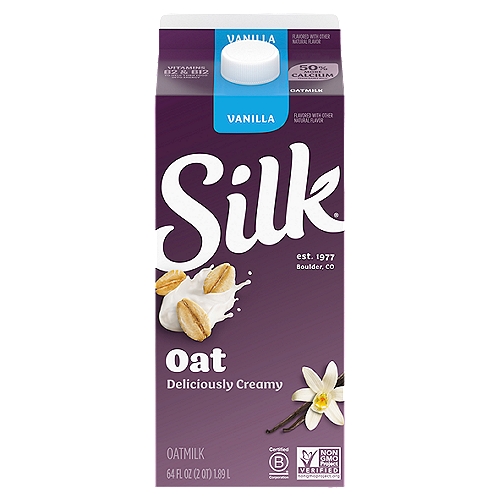 Silk Vanilla Oatmilk, 64 fl oz
Deliciously Creamy
Goodness Grown
Oats grown by mother nature.
Oat Deliciousness
Rich, thick, and creamy.
Tasty Pairings
Great in coffee and cereal.
For an extraordinary tasting milk.

Free from
✓dairy
✓gluten
✓carrageenan
✓cholesterol
✓soy
✓artificial colors
✓artificial flavors

50% More Calcium than Dairy Milk*
*Silk Vanilla Oatmilk: 470mg calcium per cup versus 309mg calcium per cup of reduced fat dairy milk. USDA FoodData Central, 2022.