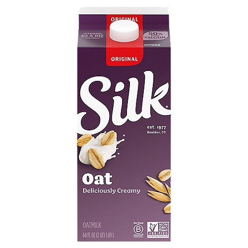 Silk Original Oatmilk, 64 fl oz
50% More Calcium than Dairy Milk*
*Silk Oat has 460mg calcium per cup, reduced fat dairy milk has 293mg calcium per cup. USDA ARS. FoodData Central, 2020.

Free from:
✓ Dairy
✓ Gluten
✓ Carrageenan
✓ Cholesterol
✓ Artificial Colors & Flavors

Creamy Planet-Conscious Deliciousness you Can Dunk a Cookie Into

We Restore Water to Rivers Drop for Drop, Putting Back what is Used to Grow our Oats

An Excellent Source of Calcium and Vitamins A, D, B2 & B12*
*35% DV Calcium, 25% DV Vitamin A, 20% DV Vitamin D and 100% DV Vitamin B12 per 8 Fl Oz Serving