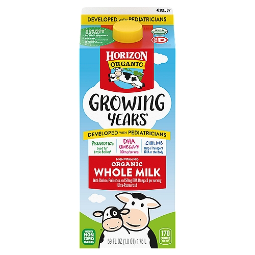 Horizon Organic Growing Years Organic Whole Milk, half gallon
To create Horizon Growing Years organic milk, we partnered with pediatricians to identify key nutrients for growing kids, ages 1 to 5. Every delicious glass provides 50mg of DHA Omega-3 to help support brain health, a good source of choline to transport DHA in the body, as well as prebiotics that help feed good bacteria in the gut and high vitamin D and calcium for strong bones. Growing years helps deliver the nutrition kids need, in the great-tasting organic whole milk they love. Also, this certified USDA organic milk comes from happy cows raised by our trusted farmer partners, and it's non-GMO, meaning it comes from cows that are pasture-raised* without antibiotics, persistent pesticides, or added hormones**. 

*Per National Organic Program Regulations 

More than 20 years ago, we became the first company to supply organic milk nationwide—and we've remained committed to the organic movement ever since. Our USDA Certified Organic products are made with non-GMO ingredients, from cows that are given no antibiotics, no persistent pesticides, and no added hormones.* We strive to do good by our cows, too: they spend much of their time out in the pasture where they feel most at home, and graze on a diet that includes organic grass. It's all part of our commitment to making better choices for ourselves, our cows, and our planet. *No significant difference has been shown between milk from rbST-treated & non rbST-treated cows.