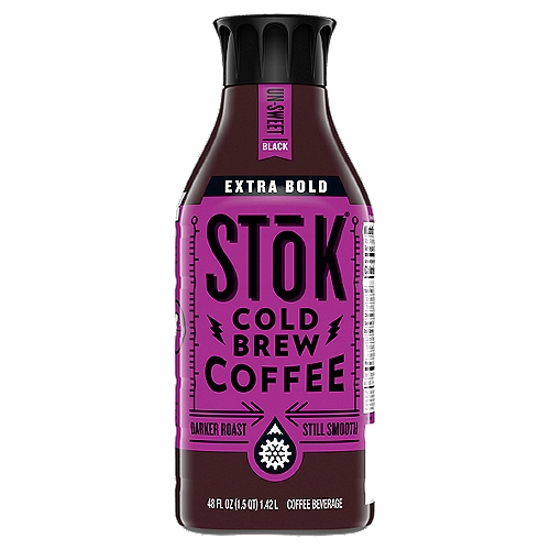 STōK Un-Sweet Black Extra Bold Cold Brew Coffee Beverage, 48 fl oz
Want a Darker Roast?
This is Your STōK
If you drink coffee because you like the taste of coffee - this is your STōK.
We use even more Arabica beans, dial up the roast level and let our Low & Slow® cold-brew method unleash the flavor.
You'll taste chocolaty, nutty, caramel notes. Or maybe just gutsier cold brew.
That's STōK Extra Bold - like an eagle stalking its dreams at midnight.

Extra Bold Never Bitter
Darker Roast
A darker roast lets the coffee taste come through loud and clear. It's our boldest STōK yet.

More Beans & Caffeine
We put more Arabica coffee beans in the brew than regular STōK. More beans, more caffeine, deeper coffee-first flavor.

Still Smooth.
We brew it Low & Slow® - our dark roast beans are brewed at lower temperatures and steeped for 10 slow hours for a smooth taste that's never bitter.