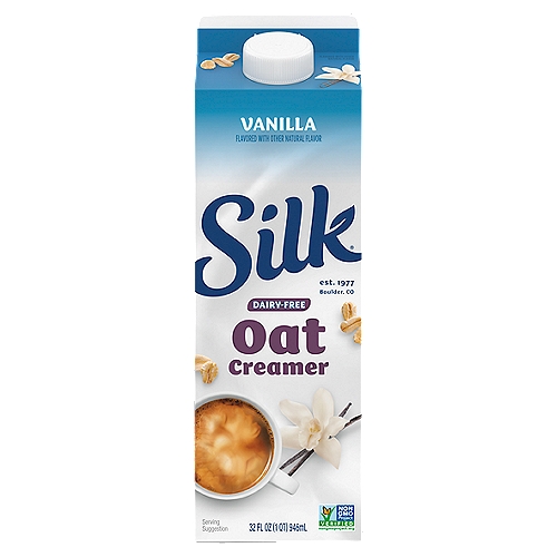 Silk Dairy-Free The Vanilla One Oat Creamer, 32 fl oz
Perk up your cup with the delicious taste of vanilla! Silk Vanilla Oat Creamer takes coffee and tea to deliciously creamy heights. Filled with the classic taste of vanilla and creamy oats, this dairy-free creamer adds a splash of smooth, rich flavor to your morning cup. You can enjoy this vanilla creamer each morning, knowing it's plant-based, gluten-free, Non-GMO Project Verified, and free of artificial flavors or colors from artificial sources. Mornings just got a lot smoother with America's #1 plant-based creamer brand*.

*Leading brand based on national sales data.

Here at Silk, we believe in making delicious plant-based food that does right by you and fuels our passion for the planet. Every delicious product we offer is made with plants, meaning they're naturally dairy-free and our entire lineup is enrolled in the Non-GMO Project Verification Program. Choose from an array of non-dairy products--from silky-smooth nutmilk to creamy, dreamy yogurt alternatives--and taste the goodness for yourself