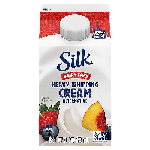 Silk Dairy Free Heavy Whipping Cream Alternative will complete your treats and your favorite recipes without the moo. It's dairy free, has 0g sugar per serving, gluten free, and Keto Friendly*. Silk Dairy Free Heavy Whipping Cream Alternative is a perfect substitution, use it cup for cup like dairy to perfect pies, dollop fruit, and add the creamy to sauces, soups and more—minus the dairy. nn*Not intended for medical use. If on a medically-prescribed diet, speak to your doctor before consuming this product.nHere at Silk, we believe in making delicious plant-based food that does right by you and fuels our passion for the planet. Every delicious product we offer is made with plants, they're naturally dairy-free, gluten-free, and cholesterol-free. And our entire lineup is enrolled in the Non-GMO Project Verification Program. Choose from an array of non-dairy products--from silky-smooth nutmilk to creamy, dreamy yogurt alternatives--and taste the goodness for yourself!