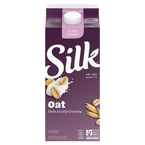 Silk Extra Creamy Oatmilk, 64 fl oz
Deliciously Creamy
Goodness Grown
Oats grown by mother nature.
Oat Deliciousness
Rich, thick, and creamy.
Tasty Pairings
Great in coffee and cereal.
For an extraordinary tasting milk.

Free from
✓dairy
✓gluten
✓carrageenan
✓cholesterol
✓soy
✓artificial colors
✓artificial flavors

50% More Calcium than Dairy Milk*
*Silk Extra Creamy Oatmilk: 470mg calcium per cup versus 306mg calcium per cup of reduced fat dairy milk. USDA FoodData Central, 2022.