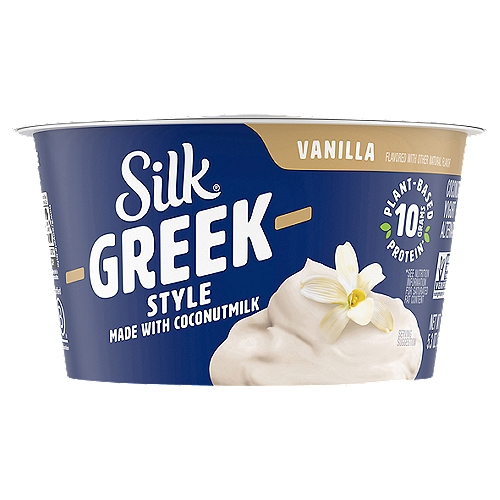 Silk Greek Style Vanilla Coconutmilk Yogurt Alternative, 5.3 oz
Thick, creamy, and dairy-free? Check, check, and check. Meet Silk Vanilla Coconutmilk Greek Style Yogurt Alternative, the plant-based yogurt alternative you've been waiting for. It's made with the smoothness of coconutmilk and has 10 grams of plant-powered protein per serving.* This dairy-free yogurt alternative is filled with vanilla flavor, live and active cultures, calcium, and vitamin D. With convenient 5.3oz cups, it's never been easier (or tastier) to fit plant-based protein into your routine. Plus, 100% of water used is restored to nature - drop for drop, which means every spoonful has a positive impact on the planet. 

*See nutrition information for saturated fat content.
Here at Silk, we believe in making delicious plant-based food that does right by you and fuels our passion for the planet. Every delicious product we offer is made with plants, meaning they're naturally dairy-free and our entire lineup is enrolled in the Non-GMO Project Verification Program. Choose from an array of non-dairy products--from silky-smooth nutmilk to creamy, dreamy yogurt alternatives--and taste the goodness for yourself!Thick, creamy, and dairy-free? Check, check, and check. Meet Silk Vanilla Coconutmilk Greek Style Yogurt Alternative, the plant-based yogurt alternative you've been waiting for. It's made with the smoothness of coconutmilk and has 10 grams of plant-powered protein per serving.* This dairy-free yogurt alternative is filled with vanilla flavor, live and active cultures, calcium, and vitamin D. With convenient 5.3oz cups, it's never been easier (or tastier) to fit plant-based protein into your routine. Plus, 100% of water used is restored to nature - drop for drop, which means every spoonful has a positive impact on the planet. 