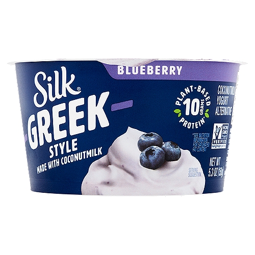 Silk Greek Style Blueberry Coconutmilk Yogurt Alternative, 5.3 oz
Thick, creamy, and dairy-free? Check, check, and check. Meet Silk Blueberry Coconutmilk Greek Style Yogurt Alternative, the plant-based yogurt alternative you've been waiting for. It's made with the smoothness of coconutmilk and has 10 grams of plant-powered protein per serving.* This dairy-free yogurt alternative is filled with blueberry flavor, live and active cultures, calcium, and vitamin D. With convenient 5.3oz cups, it's never been easier (or tastier) to fit plant-based protein into your routine. Plus, 100% of water used is restored to nature - drop for drop, which means every spoonful has a positive impact on the planet.
*See nutrition information for saturated fat content.
Here at Silk, we believe in making delicious plant-based food that does right by you and fuels our passion for the planet. Every delicious product we offer is made with plants, meaning they're naturally dairy-free and our entire lineup is enrolled in the Non-GMO Project Verification Program. Choose from an array of non-dairy products--from silky-smooth nutmilk to creamy, dreamy yogurt alternatives--and taste the goodness for yourself!