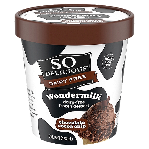 So Delicious Dairy Free Chocolate Cocoa Chip Wondermilk Frozen Dessert, 1 Pint
Everything you love about ice cream with none of the dairy- now that's wonderful. Introducing So Delicious Dairy Free Chocolate Cocoa Chip Wondermilk Frozen Dessert. Our culinary masterminds did it again—changed everything we thought we knew by turning a unique blend of dairy-free ingredients and rich cocoa into a spoonful so delicious you won't believe it's not from a cow. Enjoy this magical blend of creamy dairy-free ingredients packed into a bowl, scooped into an ice cream cone, or straight from the pint. This frozen vegan dessert is dairy-free, gluten-free and lactose-free. Basically, it's a dairy-free dream come true.
For over thirty years, So Delicious Dairy Free has been delighting taste buds around the world with a jaw-dropping variety of delectable, dairy-free products. From our dairy-free ice cream alternatives to our coffee creamers, we deliver each delicious bite and sip with the promise of dairy-free quality. Our products are free of hydrogenated oils with no colors from artificial sources. Our entire line of foods and beverages is certified vegan and Non-GMO Project Verified certified or enrolled. We're proud of our commitment to both our values and our customers--whether in our robust allergen testing program, the sustainability of our practices, or the ingredients we choose.
