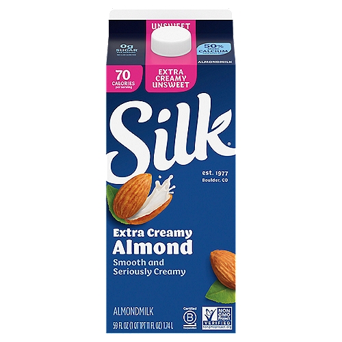 Silk Unsweet Extra Creamy Almondmilk, 59 fl oz
Extra Creamy is an Understatement. Luxuriously Rich and Silky Smooth is More Like It.
In Cereal. Smoothies. Or Straight from a Glass.

Free from:
Dairy
Gluten
Carrageenan
Cholesterol
Atificial Colors & Flavors