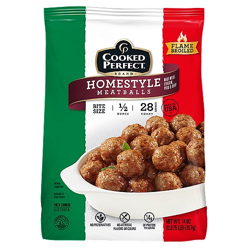 COOKED PERFECT Homestyle Meatballs Bite Size, 14 oz
Our premium, flame-broiled meatballs are made with the highest quality ingredients and make your favorite dishes easy, delicious, and ''Cooked Perfect'' every time.