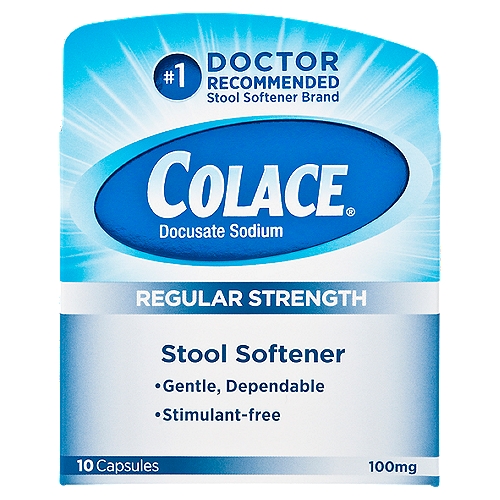 Colace Regular Strength Stool Softener 100mg, 10 Capsules
Gentle, dependable, effective relief from occasional constipation

Regular Strength Stool Softener Capsules

Drug Facts
Active ingredient (in each capsule) - Purpose
Docusate sodium 100 mg - Stool softener

Uses
■ relieves occasional constipation (irregularity)
■ generally produces bowel movement in 12 to 72 hours