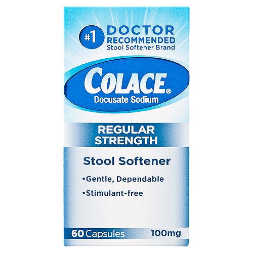 Colace Regular Strength Stool Softener 100mg, 60 Capsules
For gentle, dependable relief from occasional constipation, use Colace; Regular Strength Capsules. Most popular strength Colace product in a 60-count pack. Stimulant-free stool softener in 100mg capsules. Generally produces bowel movement in 12 to 72 hours.

Drug Facts
Active ingredient (in each capsule) - Purpose
Docusate sodium 100 mg - Stool softener

Uses
■ relieves occasional constipation (irregularity)
■ generally produces bowel movement in 12 to 72 hours