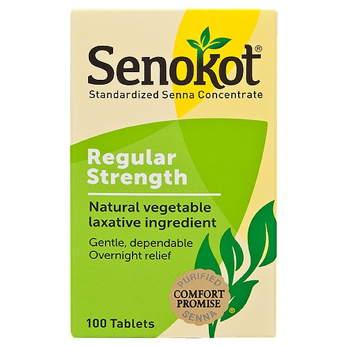 Senokot Regular Strength Standardized Senna Concentrate Tablets, 100 count
The Senokot® Laxative Comfort Promise®
For your comfort, the active ingredient in Senekot Laxatives is always purified senna, manufactured to high quality standards.

Uses
■ relieves occasional constipation (irregularity)
■ generally produces a bowel movement in 6-12 hours

Drug Facts
Active ingredients (in each tablet) - Purpose
Sennosides 8.6 mg - Laxative