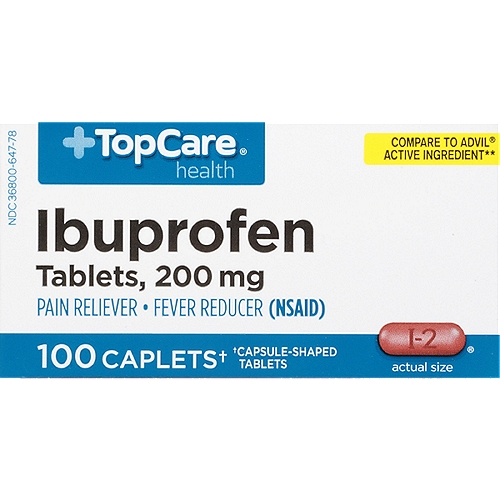 TopCare Ibuprofen Coated Caplets, 200 mg, 100 countnIbuprofen Tablets 200 mg Pain Reliever / Fever Reducer (NSAID)nn100 coated caplets†n†Capsule-shaped tabletsnnUsesn■ temporarily relieves minor aches and pains due to:n ■ headachen ■ muscular achesn ■ minor pain of arthritisn ■ toothachen ■ backachen ■ the common coldn ■ menstrual crampsn■ temporarily reduces fevernnDrug FactsnActive ingredient (in each caplet) - PurposesnIbuprofen 200 mg (NSAID)* - Pain reliever/fever reducern*nonsteroidal anti-inflammatory drug