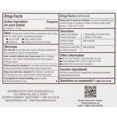 TopCare 24 Hour Allergy Relief Loratadine 10mg Tablets, 10 count