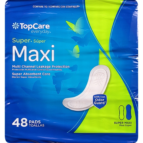 TOPCARE SUPER MAXI; MULTI CHANNEL LEAKAGE PROTECTION; SUPER ABSORBENT CORE; WITH ODOR GUARD; 48 CT