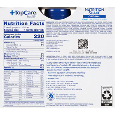 TopCare Nutrisure Vanilla Nutrition Shake - 6 Pack Bottles, 48 fl oz