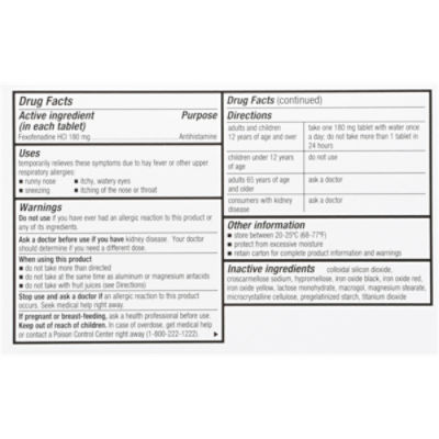 TopCare Allergy Relief Fexofenadine Hydrochloride 180mg Tablets, 15 count