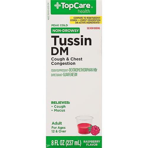 TOPCARE TUSSIN DM COUGH AND CHEST CONGESTION; NON-DROWSY; DEXTROMETHORPHAN HBR / GUAIFENESIN; RELIEVES COUGH AND MUCUS; ADULT: FOR AGES 12 AND OVER; RASPBERRY FLAVOR; 8 FL ounce