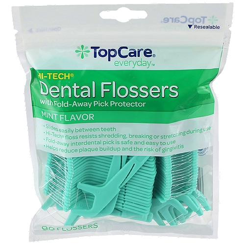 TOPCARE DENTAL FLOSSERS MINT FLAVOR. FINE, HIGH PERFORMANCE. FOLD AWAY PICK 90 COUNT