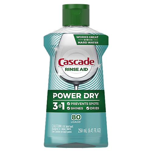 Cascade 3 in 1 Power Dry Rinse Aid, 80 loads, 8.45 fl oz
Cascade Power Dry Rinse Aid has three benefits in one product to Prevent Spots, Dry, & Shine your dishes. Cascade Power Dry Rinse Aid delivers an Unbeatable Dry* because its sheeting action helps prevent dish water from clinging to your dishes during your machine's rinse cycle so your dishes rinse cleaner, dry faster, and come out dry & shining with virtually no water spots or streaks *vs detergent alone. Plus, Cascade Power Dry Rinse Aid works great even in hard water. Cascade Power Dry Rinse Aid features an easy to pour cap to prevent spills and is easy to use. For best results, refill your dishwash with Cascade Power Dry Rinse Aid monthly. Cascade Power Dry Rinse Aid is recommended by Cascade Detergent. Cascade is the #1 Recommended Brand in North America**  **More dishwasher brands in North America recommend Cascade vs. any other automatic dishwashing detergent brand, recommendations as part of co-marketing agreements