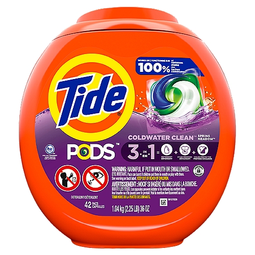 Tide Pods Spring Meadow 3-in-1 Detergent, 42 count, 36 oz
Tide PODS laundry detergent pacs offer surprisingly powerful clean in 1 step. Combining super concentrated detergent, extra odor fighters, and extra stain removers, each capsule cleans, freshens, and rejuvenates clothes for brighter brights and whiter whites. Small yet powerful, Tide PODS deliver cleaning power in a convenient, pre-measured unit dose form. Also, thanks to the special film and HE Turbo technology with quick-collapsing suds, the capsules dissolve completely in all temperatures and do not produce excess suds. The Spring Meadow scent is infused with with fresh floral notes to help keep your clothes smelling great. More than just a liquid in a pouch, Tide PODS delivers a surprisingly powerful clean in 1 step.
