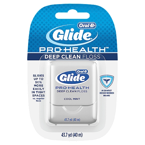 Oral-B Glide Pro-Health Cool Mint Deep Clean Floss
Oral-B Glide Pro-Heath Deep Clean Floss helps remove plaque between teeth and below the gum line with a cool burst of clean feeling. The silky-smooth, shred resistant texture slides up to 50% more easily in tight spaces vs. regular floss. Satisfaction Guaranteed, or your money back. For guarantee, call 1-877-769-8791 within 60 days of purchase with UPC and receipt.