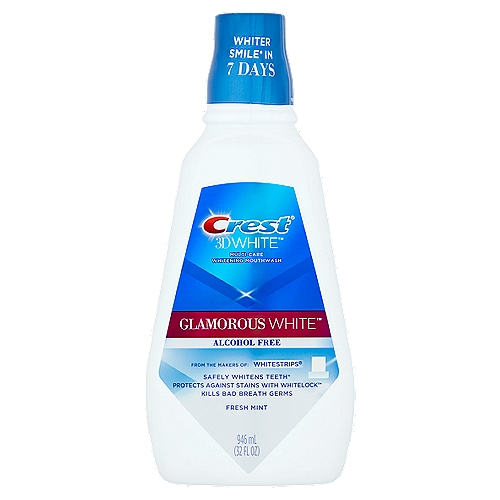 Crest 3D White Glamorous White Fresh Mint Mouthwash, 32 fl oz
Multi-Care Whitening Mouthwash

Whiter smile* in 7 days
Safely whitens teeth*

✓ Gentle foaming action safely whitens teeth* and helps prevent future stains
✓ Kills bad breath germs and leaves long-lasting freshness
✓ No burn of alcohol
*with brushing by removing surface stains