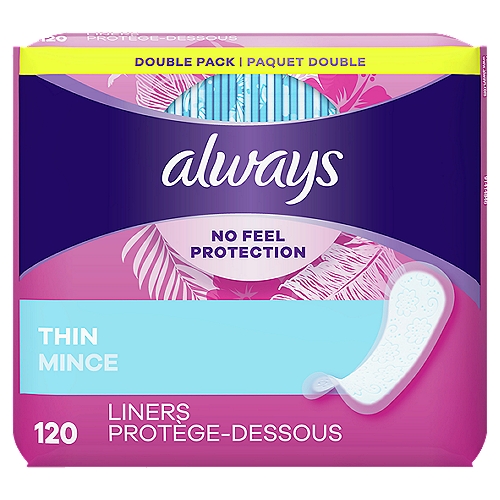 always No Feel Protection Thin Liners Double Pack, 120 count
You want to feel fresh all day no matter what you do? Discover Always Thin No Feel Protection Daily Liners Regular for discreet protection against daily discharge and odors. These pantiliners are made to be thin and absorbent for everyday freshness. Plus, the Edge-2-Edge adhesive helps hold the liner in place. For comfortable protection on the go, they are individually wrapped, so you can take them anywhere. The Always Liners Fit sizing chart shows a range of liners for different shapes and needs for you to find your best fit.Get daily protection against discharge and odors that is so discreet you won't even know it's there.