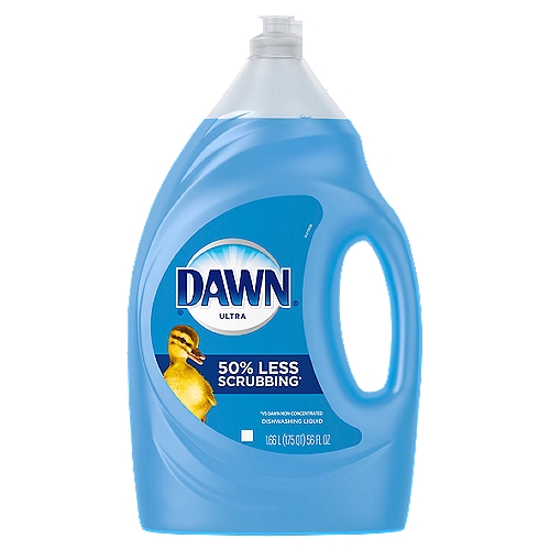 DAWN Ultra Dishwashing Liquid, 56 fl oz
Think all dish soaps are the same? Think again. No matter what you've got cooking in the kitchen, Dawn Ultra Original dishwashing liquid dish soap will leave your dishes squeaky clean every time. Get your ultimate clean and be the kitchen hero with the Grease Cleaning power of Dawn dishwashing liquid dish soap. With 50% less scrubbing* (*vs. Dawn Non-Concentrated), Dawn dishwashing liquid dish soap works harder so you can get back to spending quality time with your family. Dawn dishwashing liquid dish soap can even be used to clean items beyond the kitchen sink. Use Dawn dishwashing liquid to remove grease and grime from external car surfaces and the outer shroud of a gas grill. Dawn dishwashing liquid dish soap is tough on grease, yet gentle. It's so gentle that Dawn dishwashing liquid helps save rescued wildlife from oil spills. Dawn dishwashing liquid dish soap is Americas #1 Dish Liquid* (*based on sales).