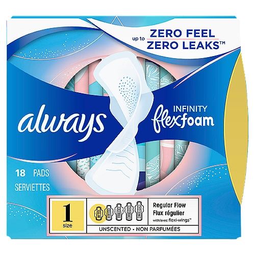 always Infinity Flex Foam Regular Flow Unscented Pads, Size 1, 18 count 
Always Infinity FlexFoam Regular Absorbency pads feel like nothing and protect like nothing else. FlexFoam pads are unbelievably thin and flexible so your pad moves with you, not against you. Zero Feel protection is possible with form fitting grooves that conform to your shape, and super absorbent holes that pull wetness away from your skin. Always' driest top layer is breathable, so you can say goodbye to hot and stuffy. With Always Infinity FlexFoam pads your period is the last thing on your mind.