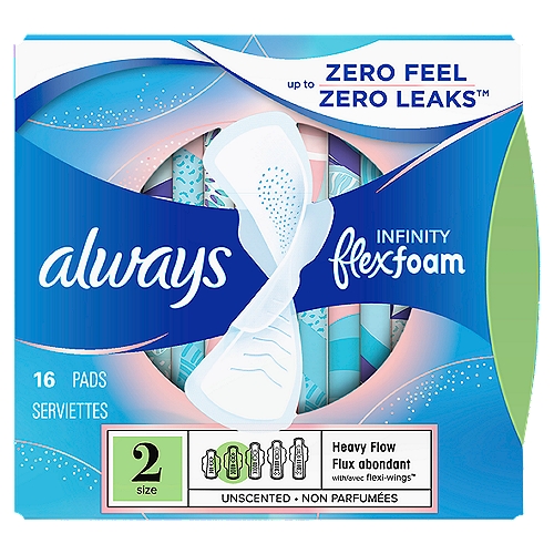 ALWAYS Infinity Size 2 Super Pads with Wings feature exclusive FlexFoam technology for an impossibly thin and flexible pad. Up to 10 hours of leak-free, Zero Feel protection.