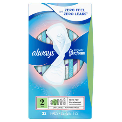 Always Infinity Feminine Pads for Women, Size 2 Heavy, with wings, unscented, 32ct, 32 Each