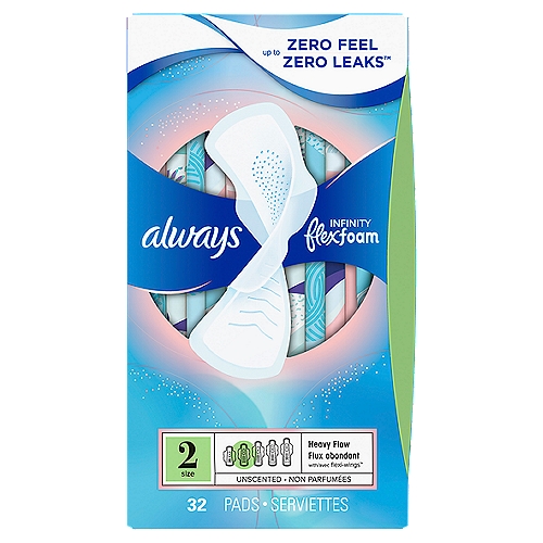 Always Infinity Feminine Pads for Women, Size 2 Heavy, with wings, unscented, 32ct