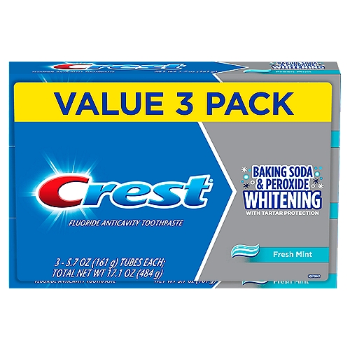 Crest Cavity & Tartar Protection Toothpaste gives you a cavity treatment that helps take care of your mouth. Regular brushing can help protect your teeth and strengthen weak spots to help fight cavities.The formula contains baking soda and peroxide and it whitens your teeth by removing surface stains. Plus, it fights tartar buildup and it'll leave your breath feeling fresh.