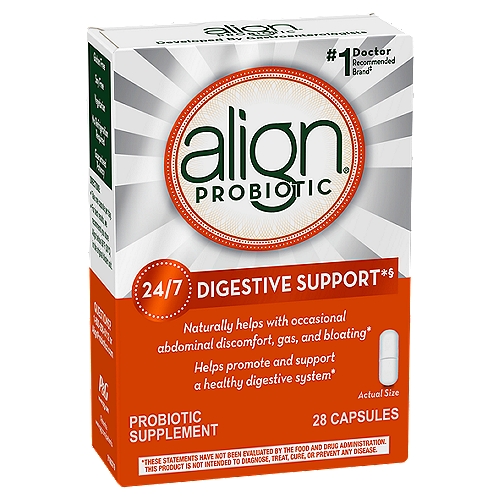 Align 24/7 Digestive Support Capsules Probiotic Supplement, 28 count
Good bacteria are essential for many bodily functions, including healthy digestion. However, common issues such as diet, travel and stress can disrupt the natural balance of bacteria in your digestive system. Align is a daily probiotic supplement that fortifies your gut with good bacteria to help you maintain digestive balance.* Align contains the probiotic strain Bifidobacterium 35624 and is the #1 doctor and gastroenterologist recommended probiotic brand.‡ *THESE STATEMENTS HAVE NOT BEEN EVALUATED BY THE FOOD AND DRUG ADMINISTRATION. THIS PRODUCT IS NOT INTENDED TO DIAGNOSE, TREAT, CURE, OR PREVENT ANY DISEASE.‡Among Doctors who recommended a brand of probiotic in a ProVoice 2019 survey. ‡Among Gastroenterologists who recommended a brand of probiotic in a ProVoice 2008-2019 survey.