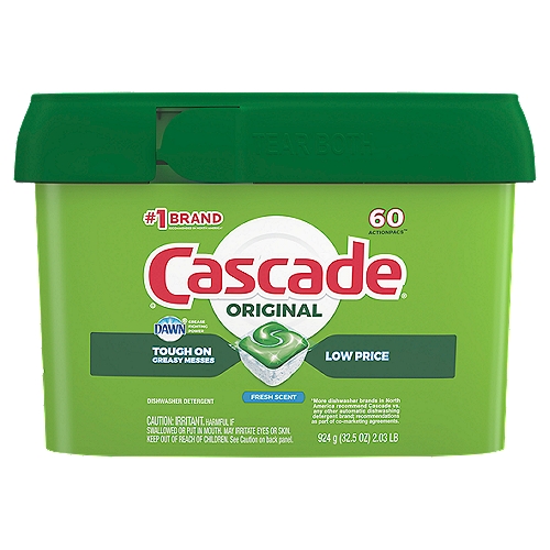 Cascade Original Fresh Scent Dishwasher Detergent, 60 count, 32.5 oz
Cascade Original ActionPacs dishwasher detergent powers away greasy residue for sparkling dishes. That's because every ActionPac combines the scrubbing power of Cascade and the grease-fighting power of Dawn dishwashing liquid to leave your dishes virtually spotless. Cascade Original ActionPacs are conveniently premeasured with no finicky wrapping-simply load your dishwasher, pop in an ActionPac, and go! Cascade Original ActionPacs are phosphate free. Plus, Cascade Original ActionPacs dissolve quickly to unleash cleaning power early in the dishwasher cycle. For best results, use Cascade Original ActionPacs with Cascade Power Dry Rinse Aid for powerful drying and Cascade Dishwasher Cleaner to keep your dishwasher machine sparkling. Save up to 15 gallons of water per dishwasher load when you skip the pre-wash and run your dishwasher with Cascade Original ActionPacs. Cascade is the #1 Recommended Brand in North America*  *More dishwasher brands in North America recommend Cascade vs. any other automatic dishwashing detergent brand, recommendations as part of co-marketing agreements.