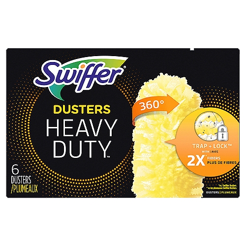 Swiffer Heavy Duty Dusters TRAP + LOCK up to 3x more dust & allergens. vs. feather duster, common inanimate allergens from cat and dog dander & dust mite matter.