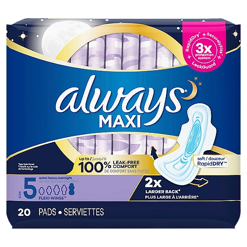 always Maxi Extra Heavy Overnight Pads, Size 5, 20 count
Rest easy with up to 100% leak-free comfort from the Always Maxi overnight pads. The pads feature advanced 3X Protection System to give you a worry-free night?s sleep, while RapidDRY works to wick away gushes in seconds. Plus, the pads? LeakGUARD core locks in leaks for long-lasting protection, while SecurelyFITS helps the pad stay in place throughout the night. Always Maxi Extra Heavy Extra Heavy Overnight Size 5 Pads Unscented with Wings feature a 2x larger back*, so you're protected no matter how you sleep. Sleep tight with Always Maxi Pads. Are you getting the right protection from your pad? Did you know that 60% of women are wearing the wrong size pad? Using the wrong pad size can lead to leaks. Step up in size to help stop leaks. Now you can find your fit with ALWAYS My Fit, a tailored sizing system to help you find the best protection based on both your flow AND panty size. Use the sizing chart in the images to find your fit for day and night. For our best nighttime protection, ALWAYS Maxi, Size 5, Extra Heavy Overnight Pads With Flexi-Wings have a 2X larger back to help stop leaks at night,* plus a LeakGuard Core that absorbs in seconds and gives you up to 10 hours of protection. *vs. ALWAYS Maxi Regular With Wings